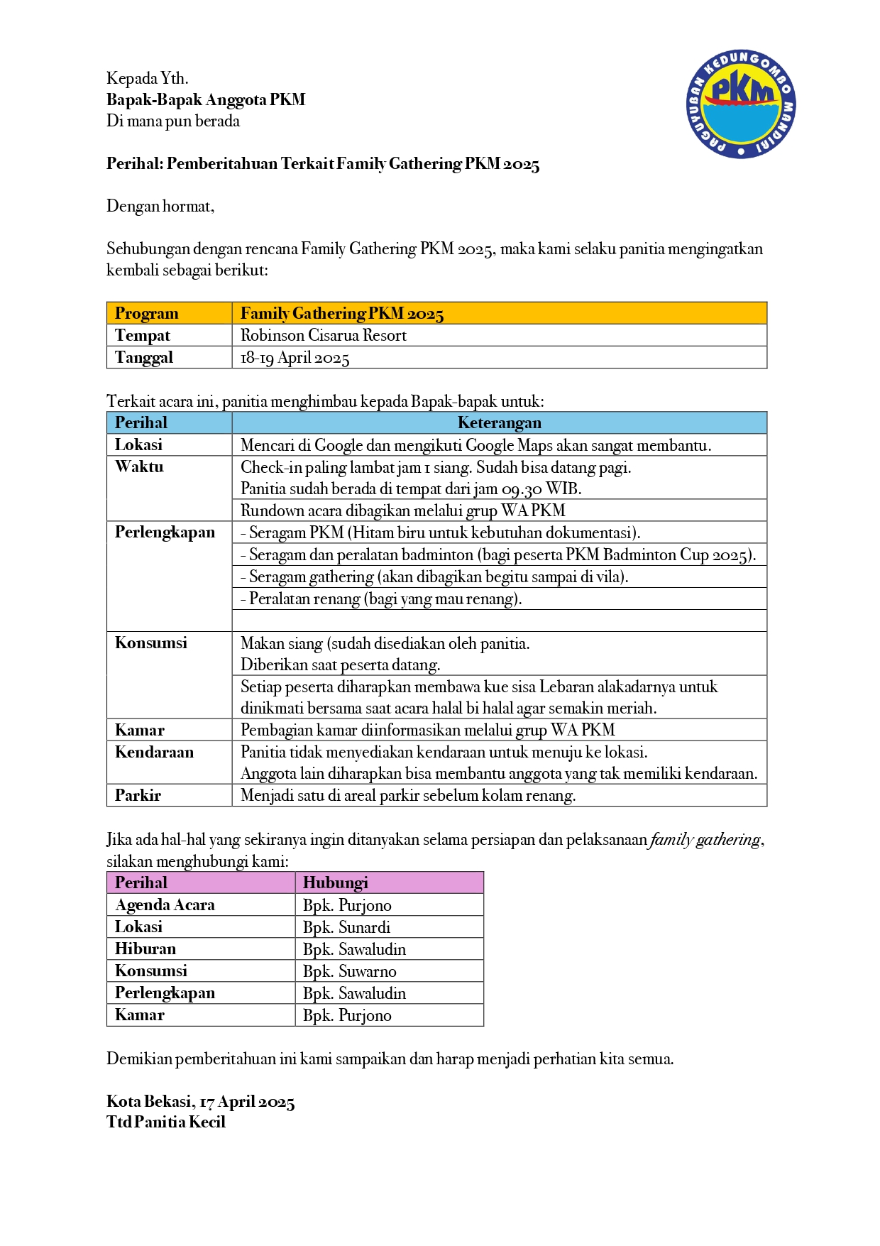 Surat Pengingat dan Panduan Family Gathering PKM 2025
